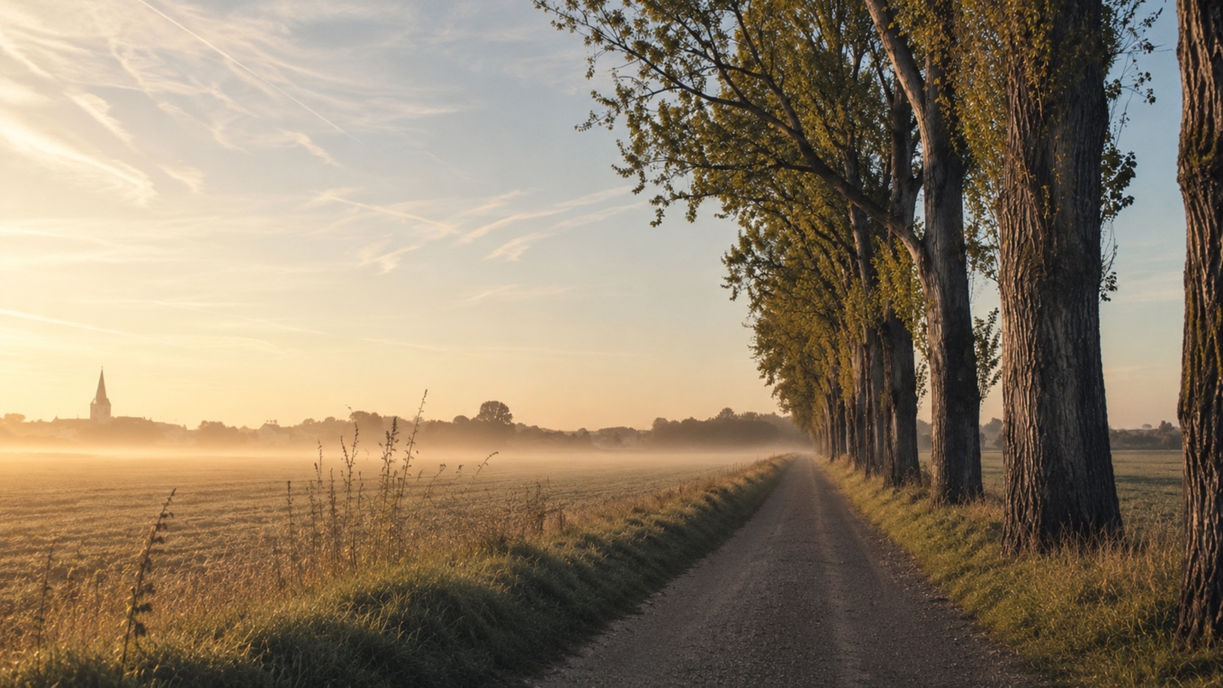 Feldweg mit Pappelreihe am Ortsrand von Biblis im Morgennebel